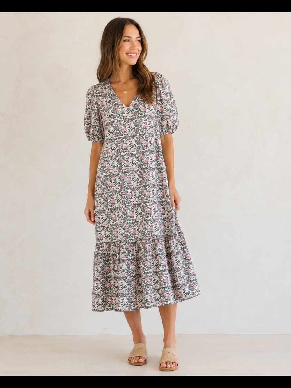 Anna Cate Floral Cotton Midi Maxi Dress Pink Green Puff Sleeve Large
